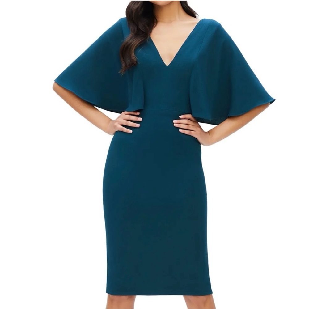 NWT Dress the Population Louisa Blue Midi dress with V-Neck and Flutter Sleeves